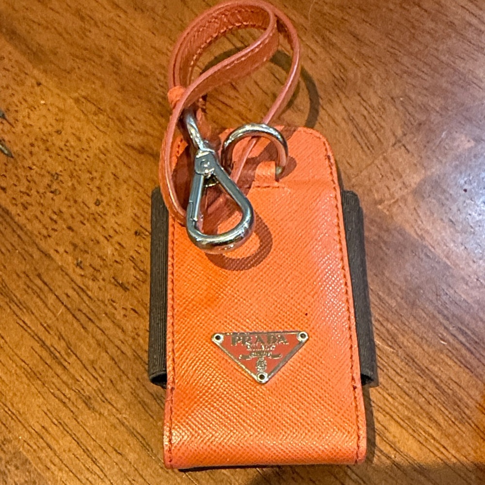 Prada Orange Saffiano Leather Keychain Phone Holder with Gold Logo